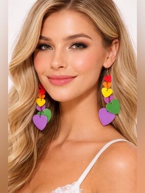 Colorful Heart Drop Earrings - Rainbow Hearts